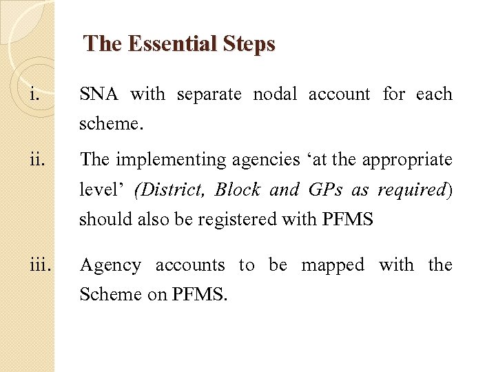 The Essential Steps i. ii. iii. SNA with separate nodal account for each scheme.