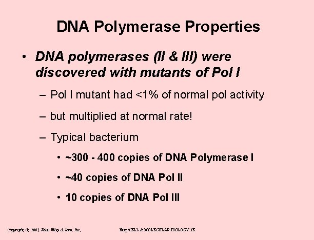DNA Polymerase Properties • DNA polymerases (II & III) were discovered with mutants of