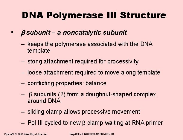 DNA Polymerase III Structure • b subunit – a noncatalytic subunit – keeps the