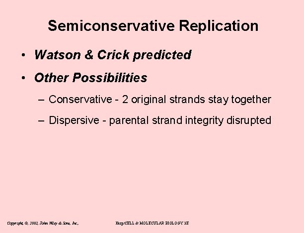 Semiconservative Replication • Watson & Crick predicted • Other Possibilities – Conservative - 2