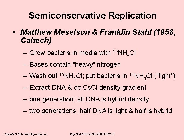 Semiconservative Replication • Matthew Meselson & Franklin Stahl (1958, Caltech) – Grow bacteria in