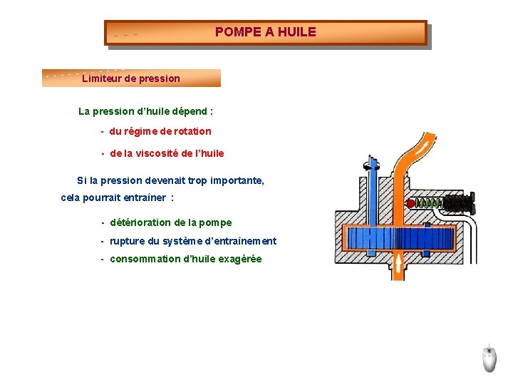 POMPE A HUILE Limiteur de pression La pression d’huile dépend : - du régime