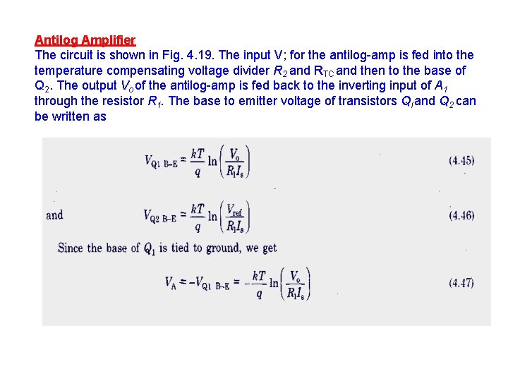 Antilog Amplifier The circuit is shown in Fig. 4. 19. The input V; for