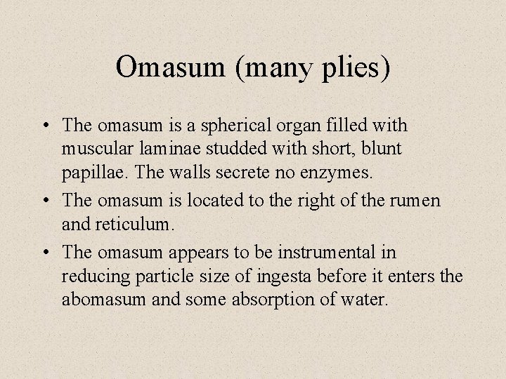 Omasum (many plies) • The omasum is a spherical organ filled with muscular laminae