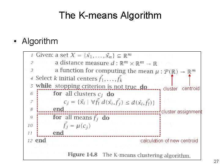 The K-means Algorithm • Algorithm cluster centroid cluster assignment calculation of new centroid 27