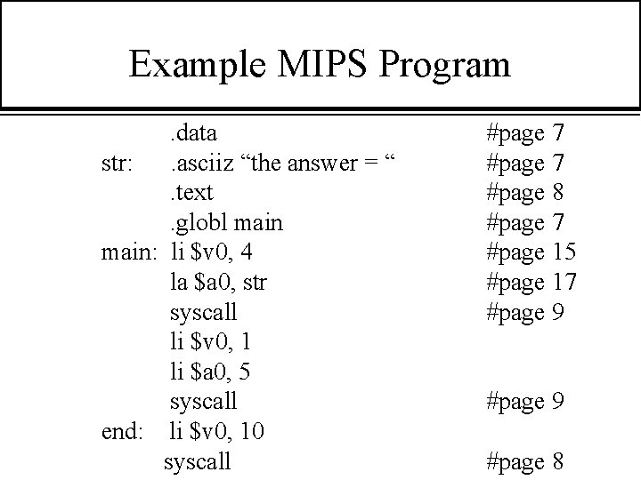 Example MIPS Program. data str: . asciiz “the answer = “. text. globl main: