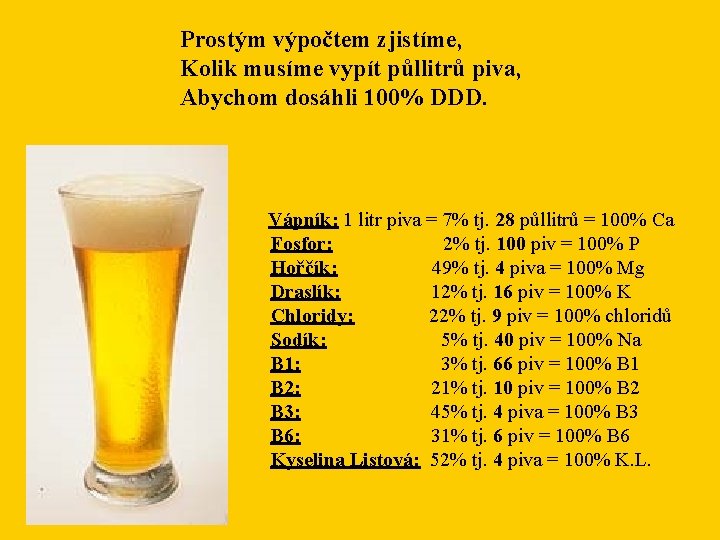 Prostým výpočtem zjistíme, Kolik musíme vypít půllitrů piva, Abychom dosáhli 100% DDD. Vápník: 1