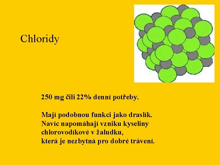 Chloridy 250 mg čili 22% denní potřeby. Mají podobnou funkci jako draslík. Navíc napomáhají