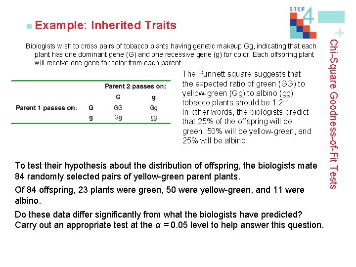 Inherited Traits + n Example: The Punnett square suggests that the expected ratio of