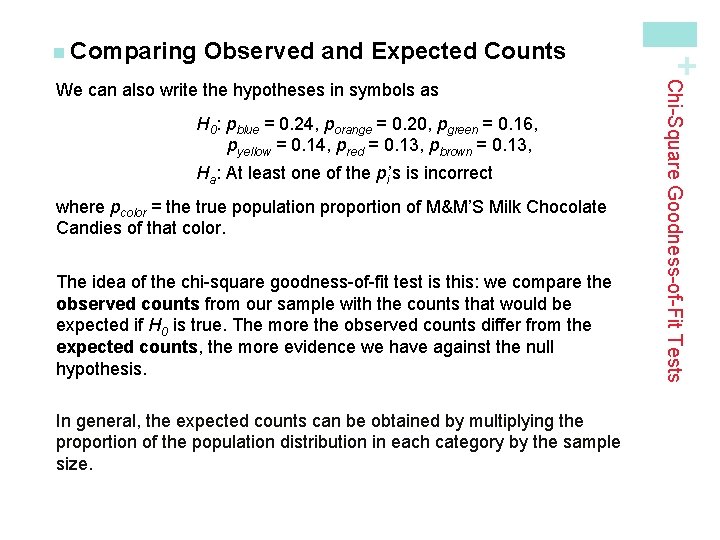 Observed and Expected Counts H 0: pblue = 0. 24, porange = 0. 20,