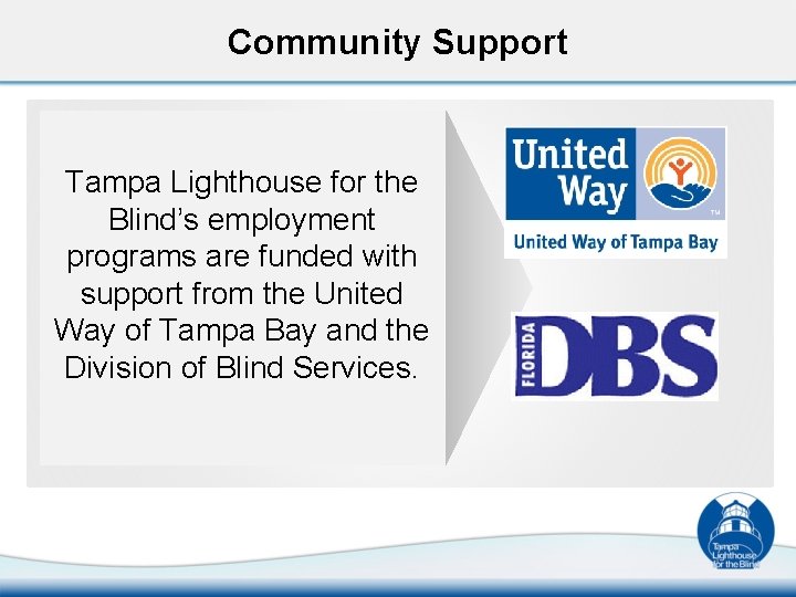 Community Support Tampa Lighthouse for the Blind’s employment programs are funded with support from