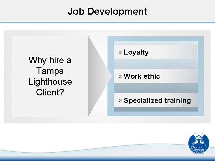 Job Development Why hire a Tampa Lighthouse Client? Loyalty Work ethic Specialized training 