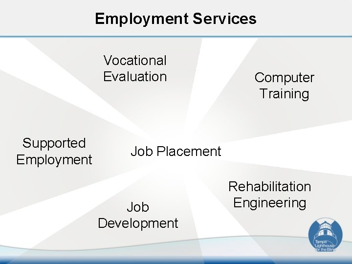 Employment Services Vocational Evaluation Supported Employment Computer Training Job Placement Job Development Rehabilitation Engineering