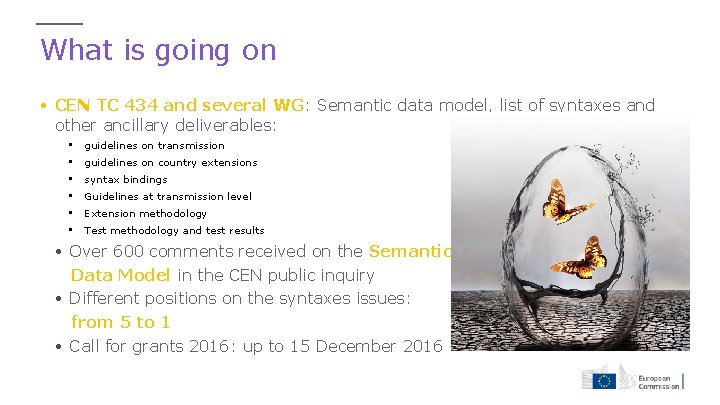 What is going on • CEN TC 434 and several WG: Semantic data model,