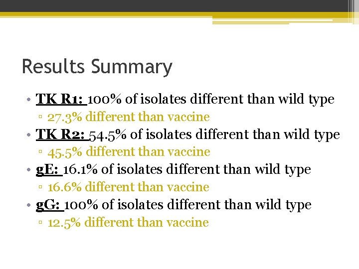 Results Summary • TK R 1: 100% of isolates different than wild type ▫