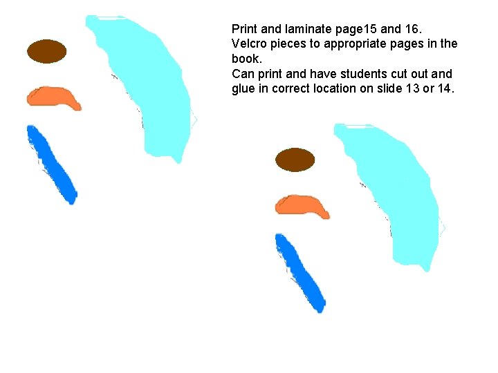 Print and laminate page 15 and 16. Velcro pieces to appropriate pages in the