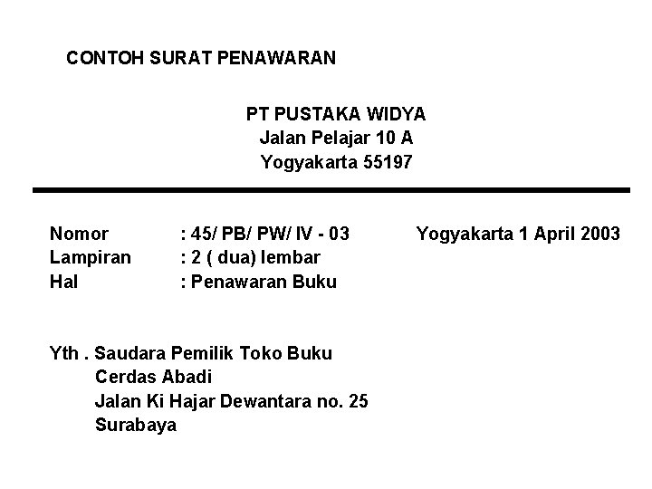 CONTOH SURAT PENAWARAN PT PUSTAKA WIDYA Jalan Pelajar 10 A Yogyakarta 55197 Nomor Lampiran