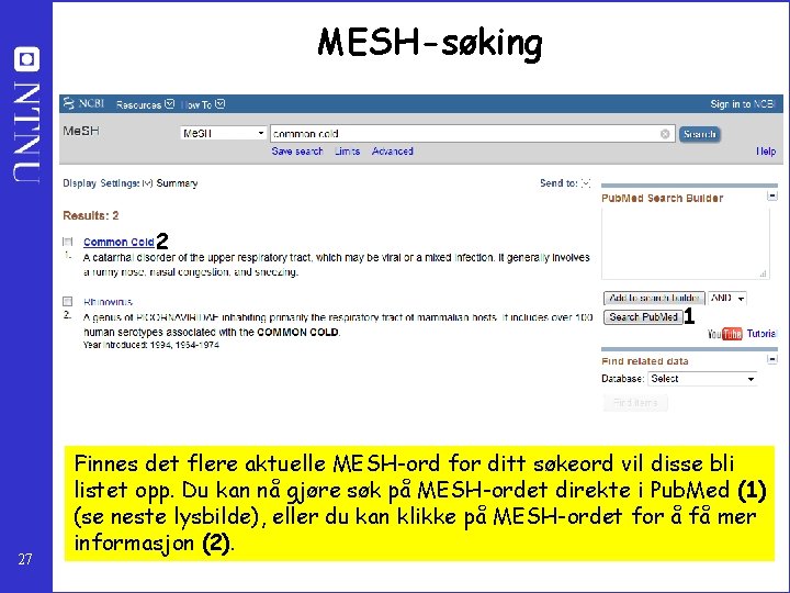 MESH-søking 2 1 27 Finnes det flere aktuelle MESH-ord for ditt søkeord vil disse