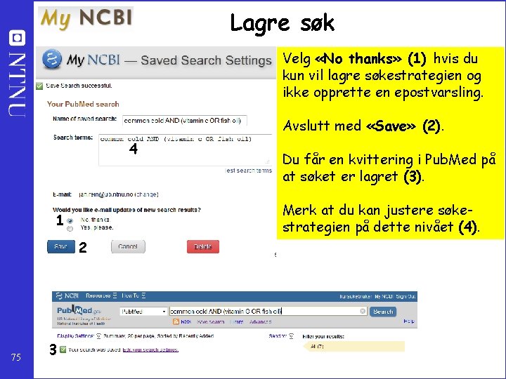 Lagre søk Velg «No thanks» (1) hvis du kun vil lagre søkestrategien og ikke