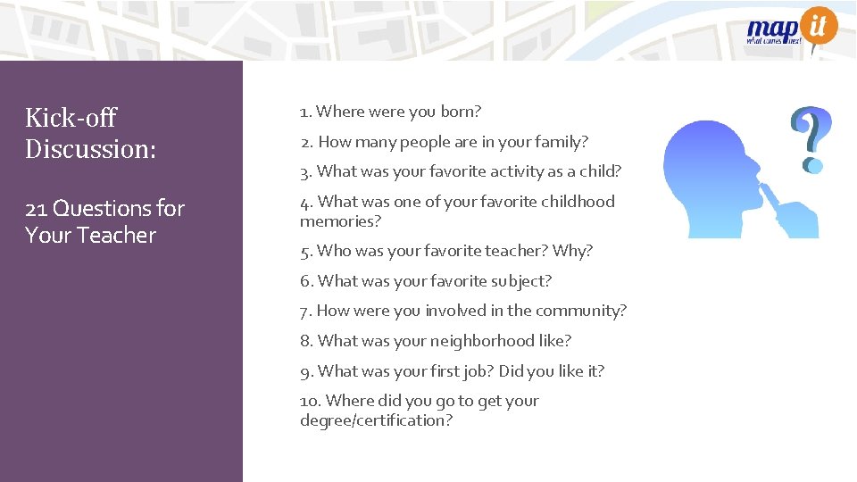 Kick-off Discussion: 1. Where were you born? 21 Questions for Your Teacher 4. What