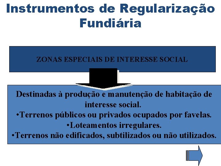 Instrumentos de Regularização Fundiária ZONAS ESPECIAIS DE INTERESSE SOCIAL Destinadas à produção e manutenção