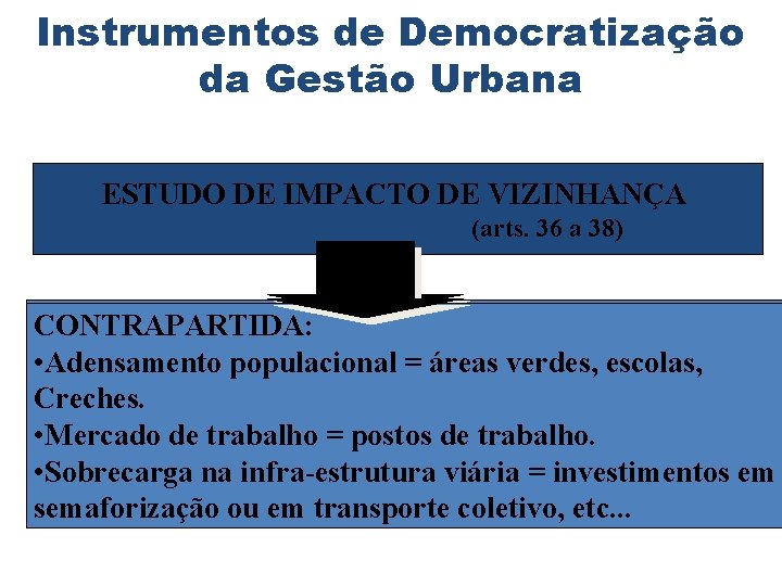 Instrumentos de Democratização da Gestão Urbana ESTUDO DE IMPACTO DE VIZINHANÇA (arts. 36 a