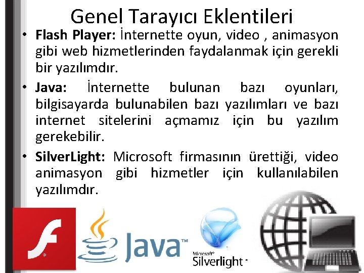 Genel Tarayıcı Eklentileri • Flash Player: İnternette oyun, video , animasyon gibi web hizmetlerinden