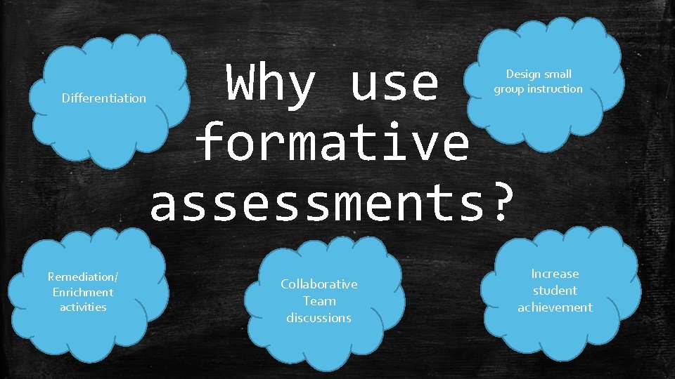 Differentiation Remediation/ Enrichment activities Why use formative assessments? Design small group instruction Collaborative Team