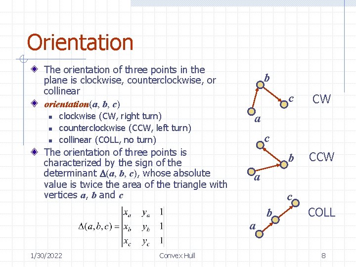 Orientation The orientation of three points in the plane is clockwise, counterclockwise, or collinear