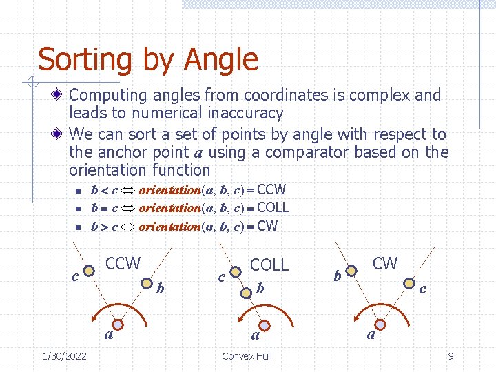 Sorting by Angle Computing angles from coordinates is complex and leads to numerical inaccuracy