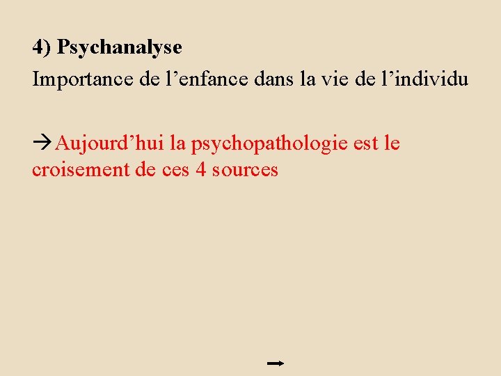 4) Psychanalyse Importance de l’enfance dans la vie de l’individu Aujourd’hui la psychopathologie est
