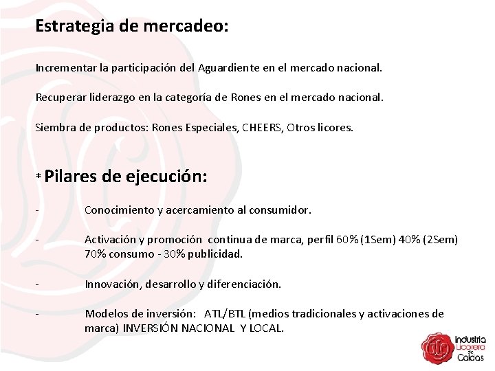 Estrategia de mercadeo: Incrementar la participación del Aguardiente en el mercado nacional. Recuperar liderazgo