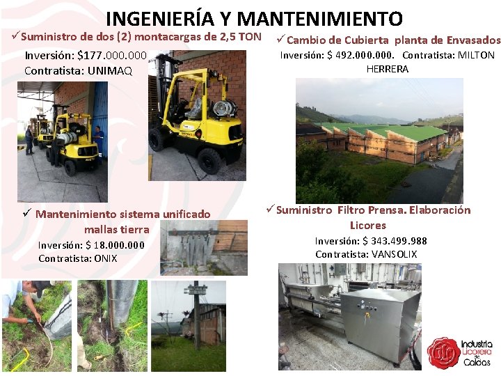 INGENIERÍA Y MANTENIMIENTO üSuministro de dos (2) montacargas de 2, 5 TON Inversión: $177.