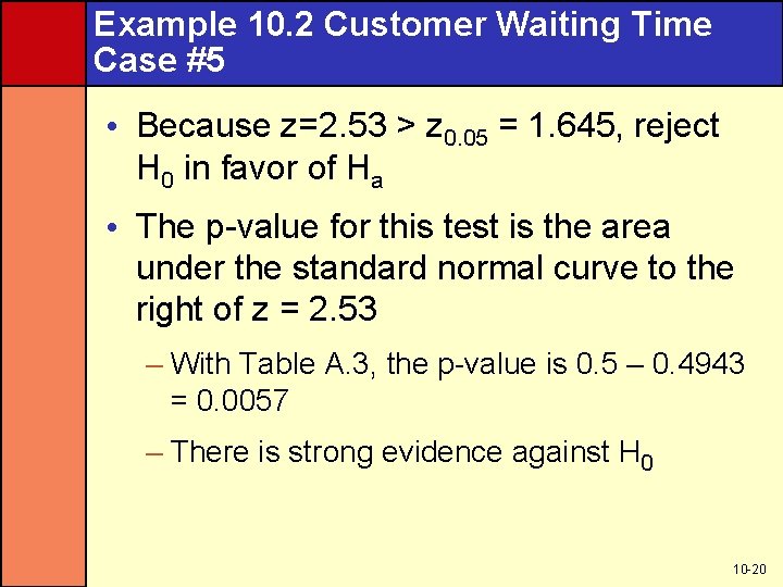 Example 10. 2 Customer Waiting Time Case #5 • Because z=2. 53 > z