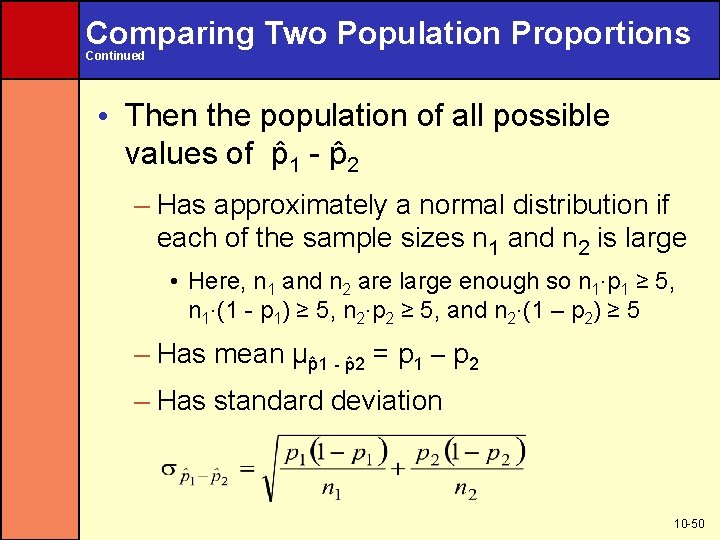 Comparing Two Population Proportions Continued • Then the population of all possible values of