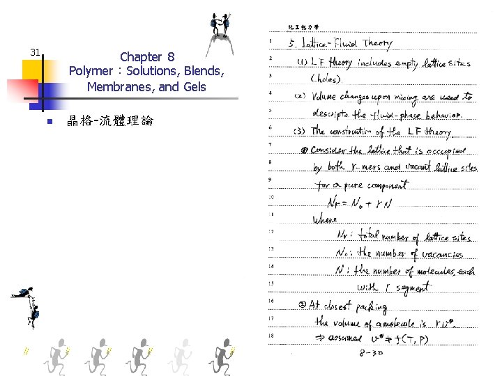 31 Chapter 8 Polymer：Solutions, Blends, Membranes, and Gels n 晶格-流體理論 