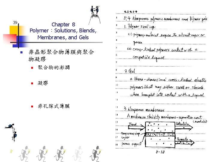 39 Chapter 8 Polymer：Solutions, Blends, Membranes, and Gels n 非晶形聚合物薄膜與聚合 物凝膠 n 聚合物的澎潤 n