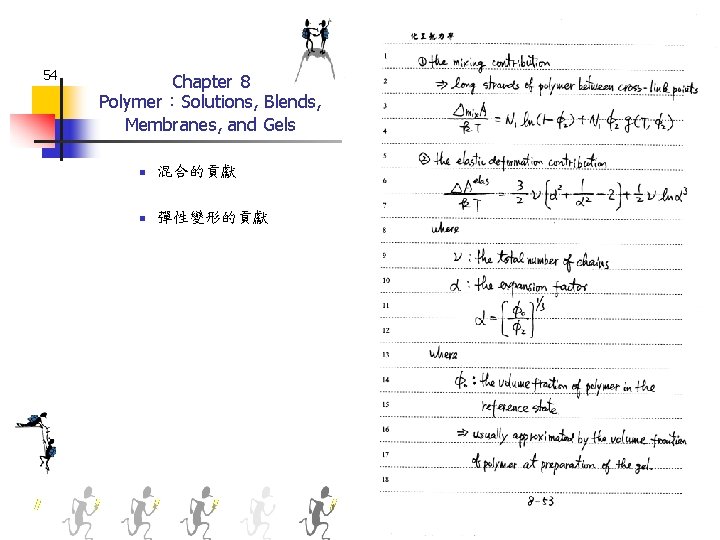 54 Chapter 8 Polymer：Solutions, Blends, Membranes, and Gels n 混合的貢獻 n 彈性變形的貢獻 