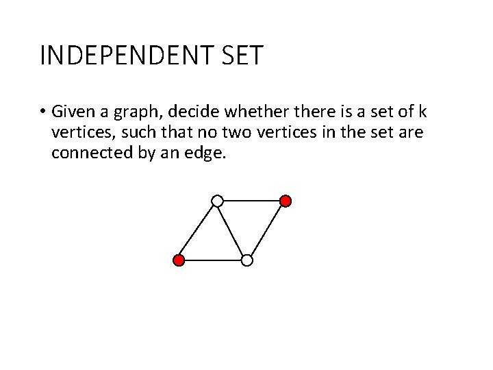 INDEPENDENT SET • Given a graph, decide whethere is a set of k vertices,