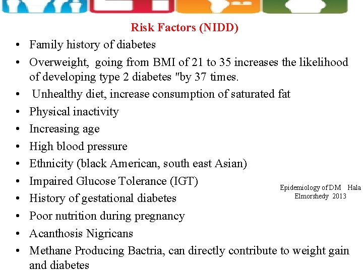  • • • Risk Factors (NIDD) Family history of diabetes Overweight, going from