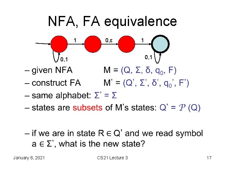 NFA, FA equivalence 1 0, ε 1 0, 1 • January 8, 2021 CS NFA, FA equivalence 1 0, ε 1 0, 1 • January 8, 2021 CS