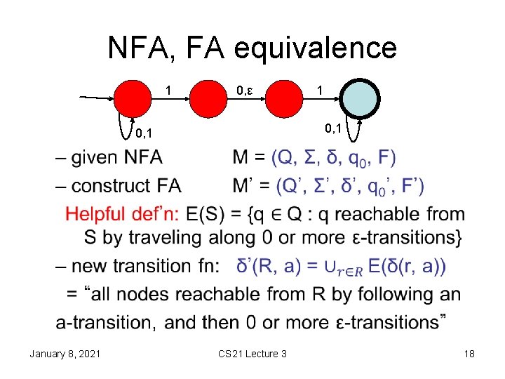 NFA, FA equivalence 1 0, ε 1 0, 1 • January 8, 2021 CS NFA, FA equivalence 1 0, ε 1 0, 1 • January 8, 2021 CS