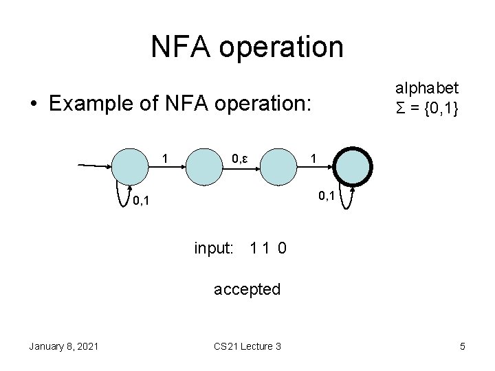 NFA operation alphabet Σ = {0, 1} • Example of NFA operation: 1 0, NFA operation alphabet Σ = {0, 1} • Example of NFA operation: 1 0,