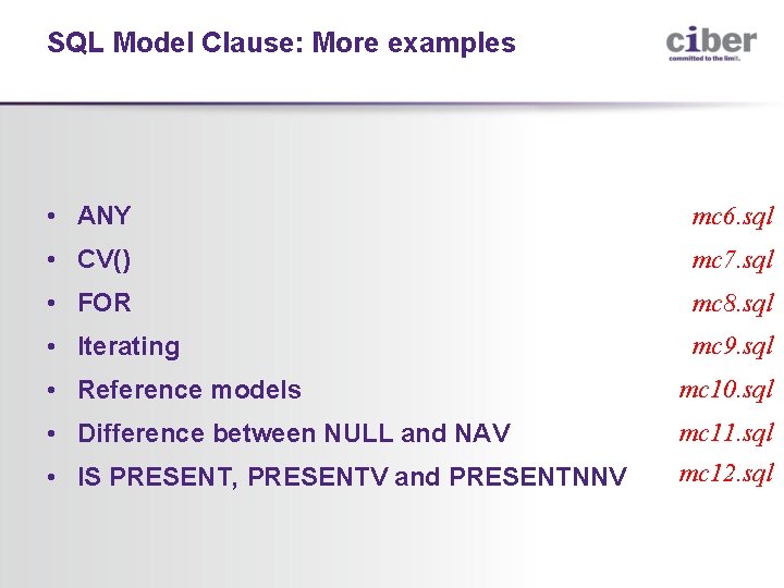 SQL Model Clause: More examples • ANY mc 6. sql • CV() mc 7.