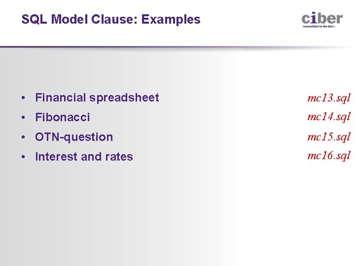 SQL Model Clause: Examples • Financial spreadsheet mc 13. sql • Fibonacci mc 14.