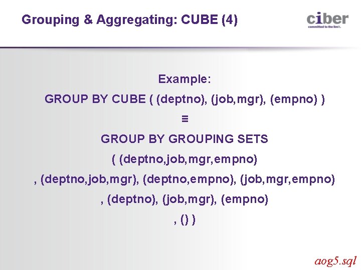 Grouping & Aggregating: CUBE (4) Example: GROUP BY CUBE ( (deptno), (job, mgr), (empno)