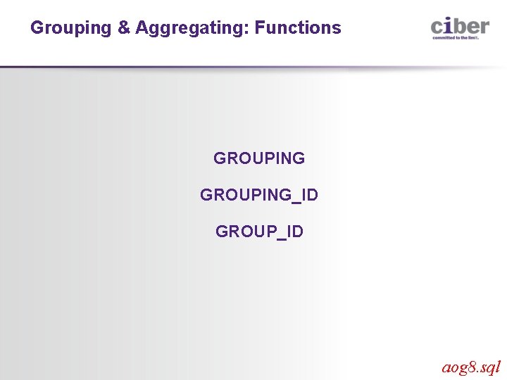 Grouping & Aggregating: Functions GROUPING_ID GROUP_ID aog 8. sql 