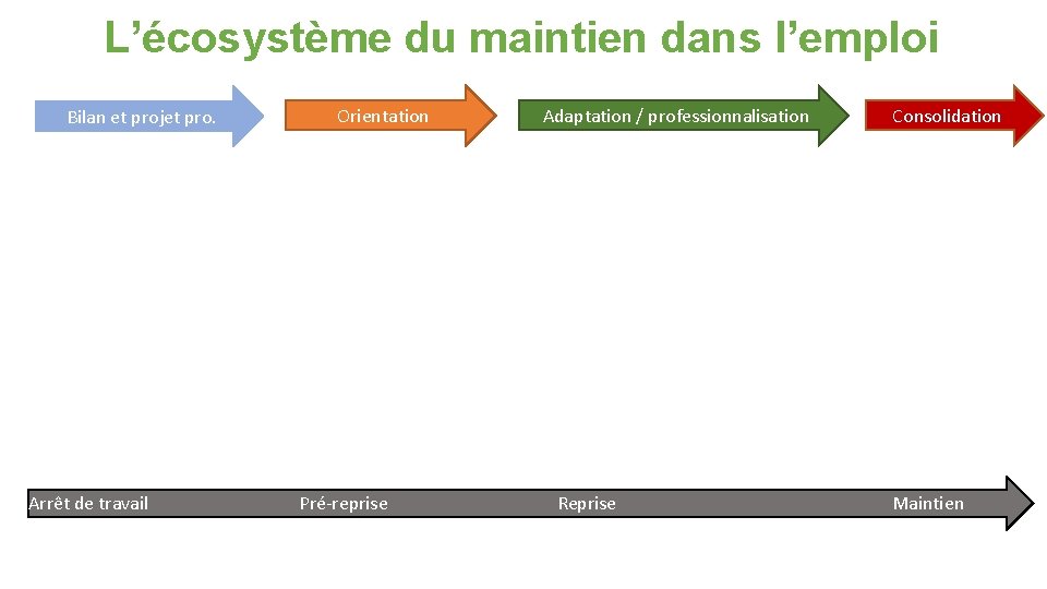 L’écosystème du maintien dans l’emploi Bilan et projet pro. Arrêt de travail Orientation Pré-reprise