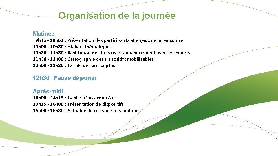 Organisation de la journée Matinée 9 h 45 - 10 h 00 : Présentation