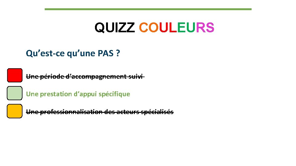 QUIZZ COULEURS Qu’est-ce qu’une PAS ? Une période d’accompagnement-suivi Une prestation d’appui spécifique Une